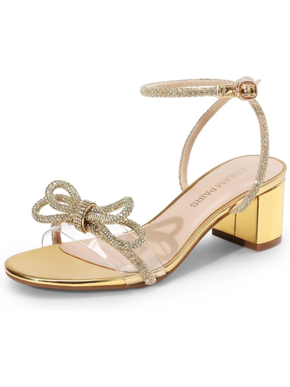 Dream Pairs Women's Gold Open Toe Rhinestone Double Bow Chunky Sandals